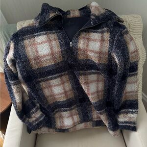 Cuddl Duds women’s Zip Up Plaid Sweater - Navy and Beige